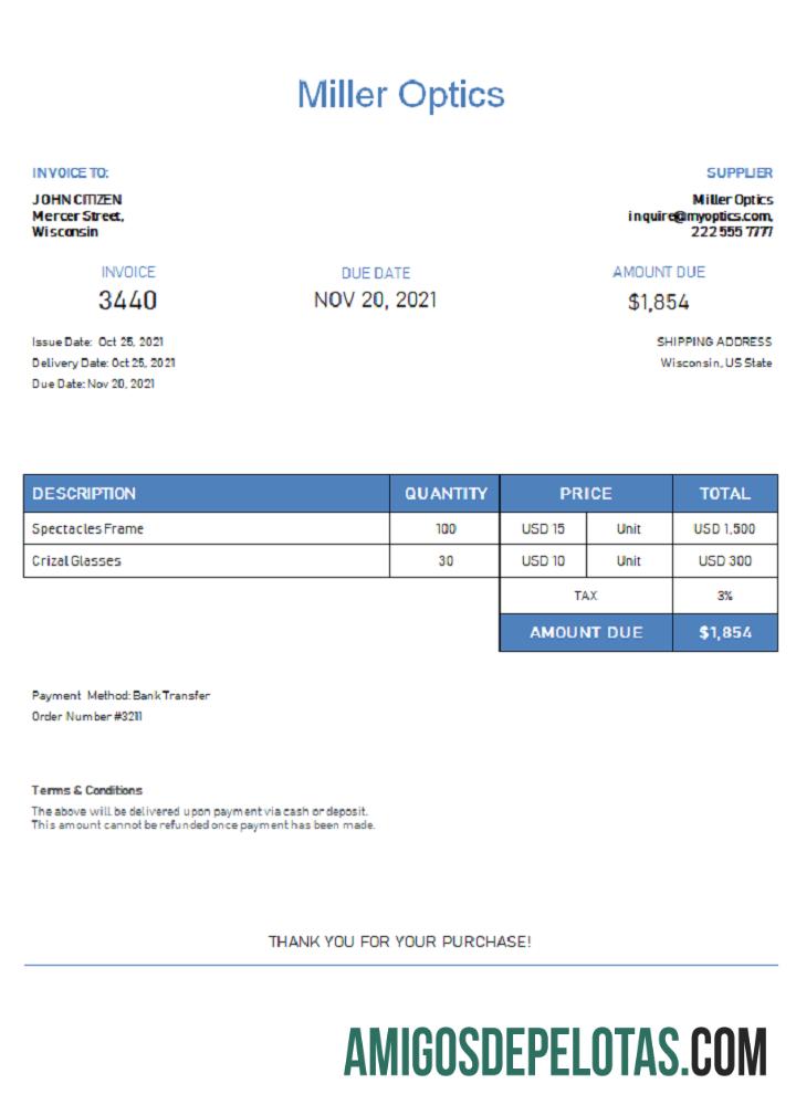 Fatura da Miller Optics dos EUA amostra